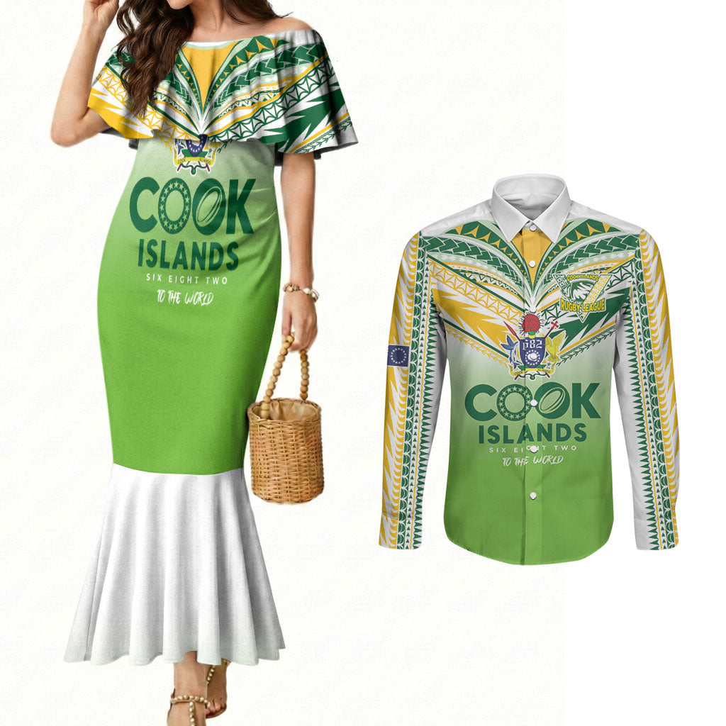 Cook Islands Rugby Couples Matching Mermaid Dress and Long Sleeve Button Shirt Six Eight Two to The World - Tatau Tribal Motif