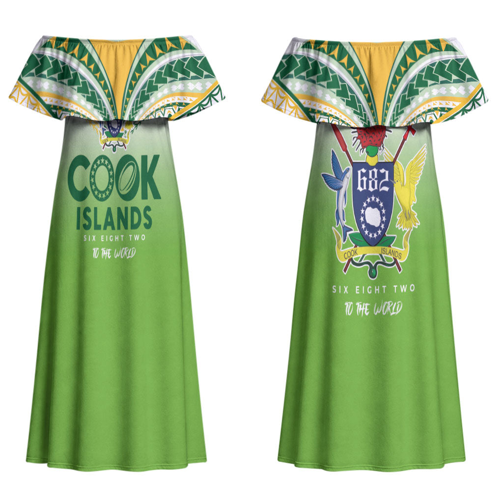 Cook Islands Rugby Couples Matching Off Shoulder Maxi Dress and Long Sleeve Button Shirt Six Eight Two to The World - Tatau Tribal Motif