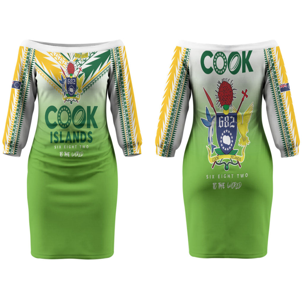 Cook Islands Rugby Couples Matching Off The Shoulder Long Sleeve Dress and Hawaiian Shirt Six Eight Two to The World - Tatau Tribal Motif