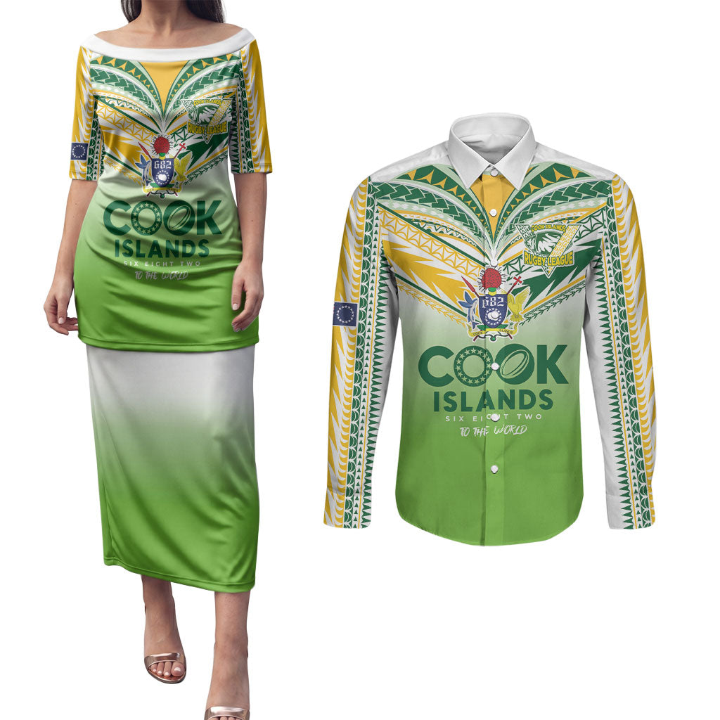Cook Islands Rugby Couples Matching Puletasi and Long Sleeve Button Shirt Six Eight Two to The World - Tatau Tribal Motif