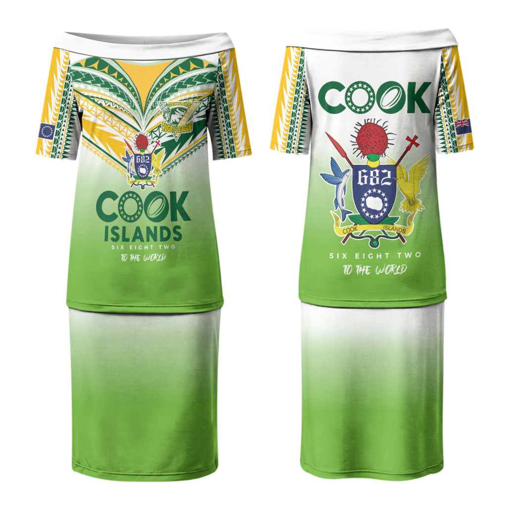 Cook Islands Rugby Couples Matching Puletasi and Long Sleeve Button Shirt Six Eight Two to The World - Tatau Tribal Motif