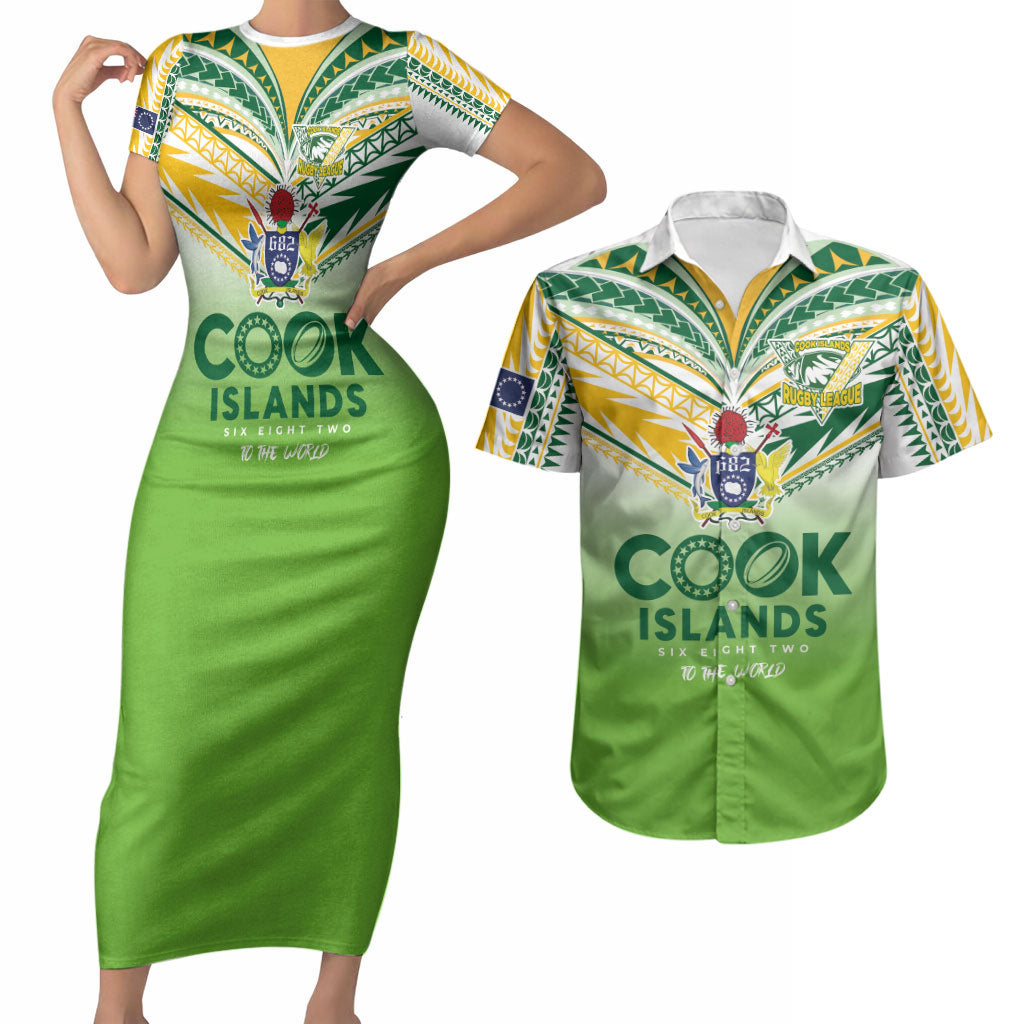 Cook Islands Rugby Couples Matching Short Sleeve Bodycon Dress and Hawaiian Shirt Six Eight Two to The World - Tatau Tribal Motif