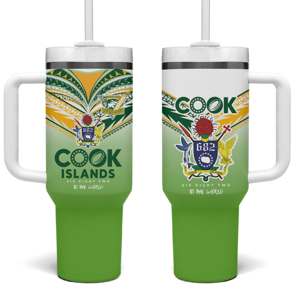 Cook Islands Rugby Tumbler With Handle Six Eight Two to The World - Tatau Tribal Motif LT03 One Size: 40 oz Multicolor - Polynesian Pride