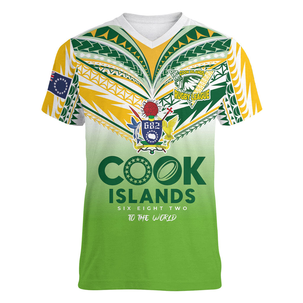 Cook Islands Rugby Women V-Neck T-Shirt Six Eight Two to The World - Tatau Tribal Motif