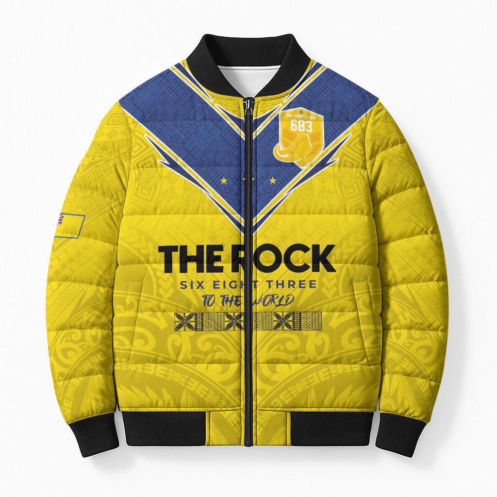 Niue Rugby Custom Bomber Puffer Jacket Six Eight Three to The World - Hiapo Tribal Motif LT03 Unisex Multicolor - Polynesian Pride
