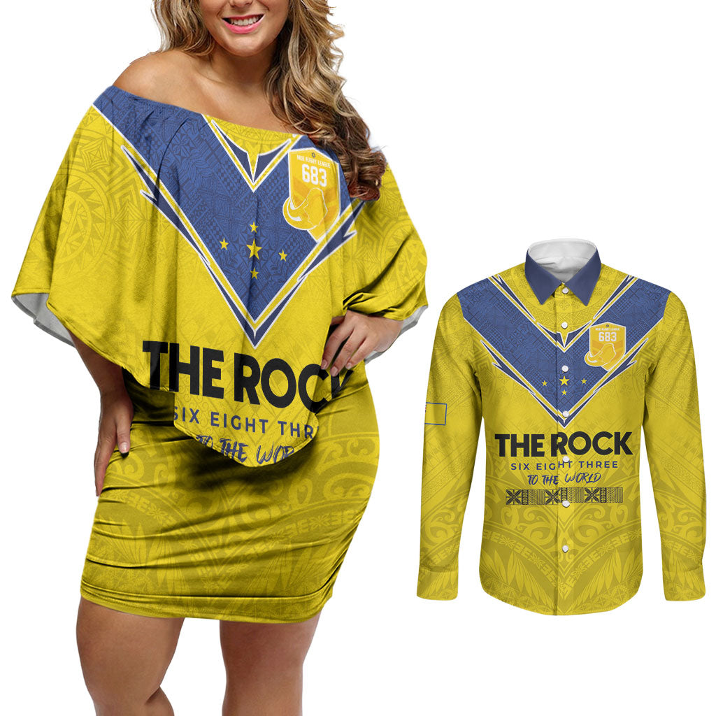 Niue Rugby Custom Couples Matching Off Shoulder Short Dress and Long Sleeve Button Shirt Six Eight Three to The World - Hiapo Tribal Motif