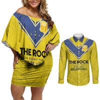 Niue Rugby Custom Couples Matching Off Shoulder Short Dress and Long Sleeve Button Shirt Six Eight Three to The World - Hiapo Tribal Motif