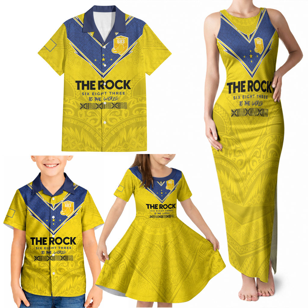 Niue Rugby Custom Family Matching Tank Maxi Dress and Hawaiian Shirt Six Eight Three to The World - Hiapo Tribal Motif