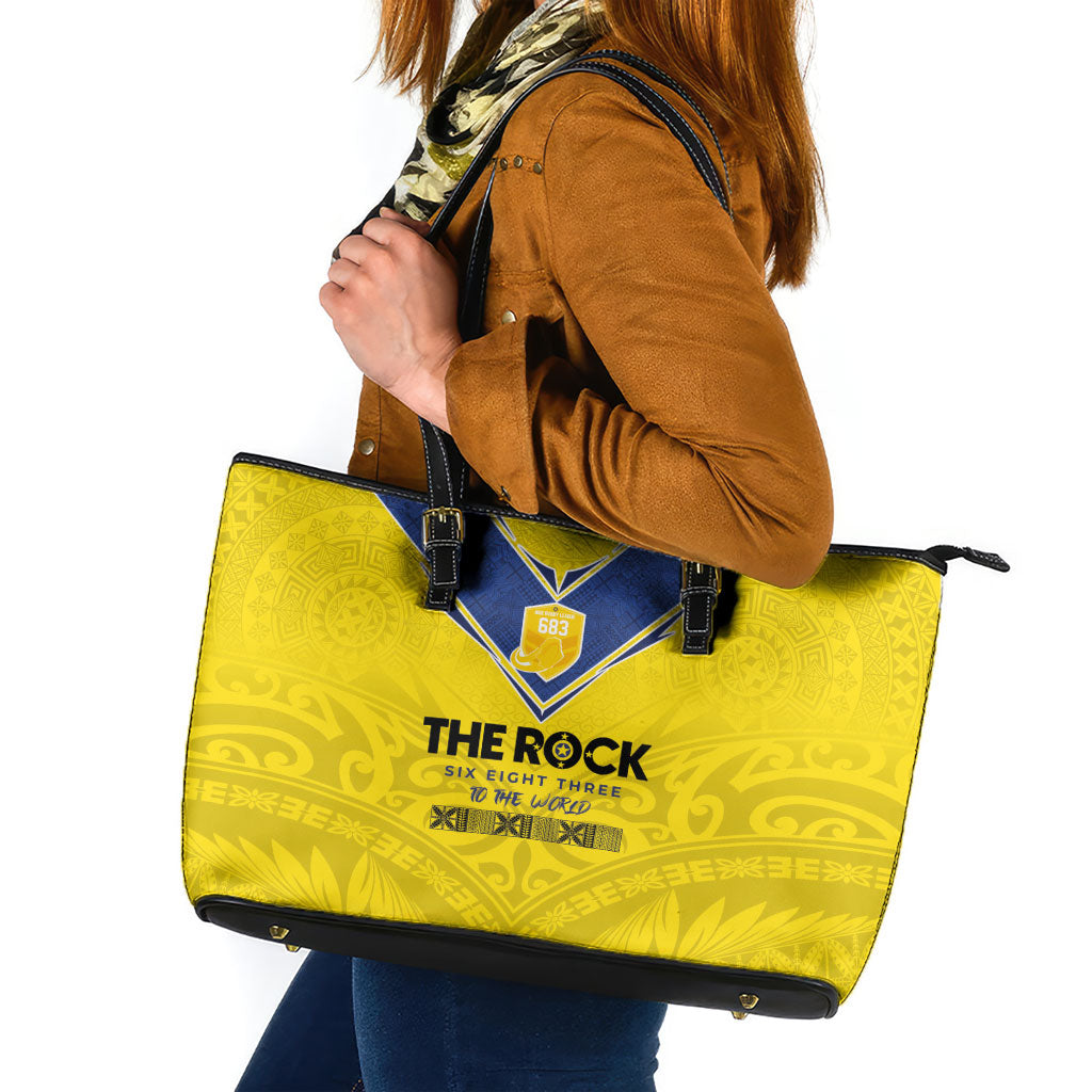 Niue Rugby Leather Tote Bag Six Eight Three to The World - Hiapo Tribal Motif