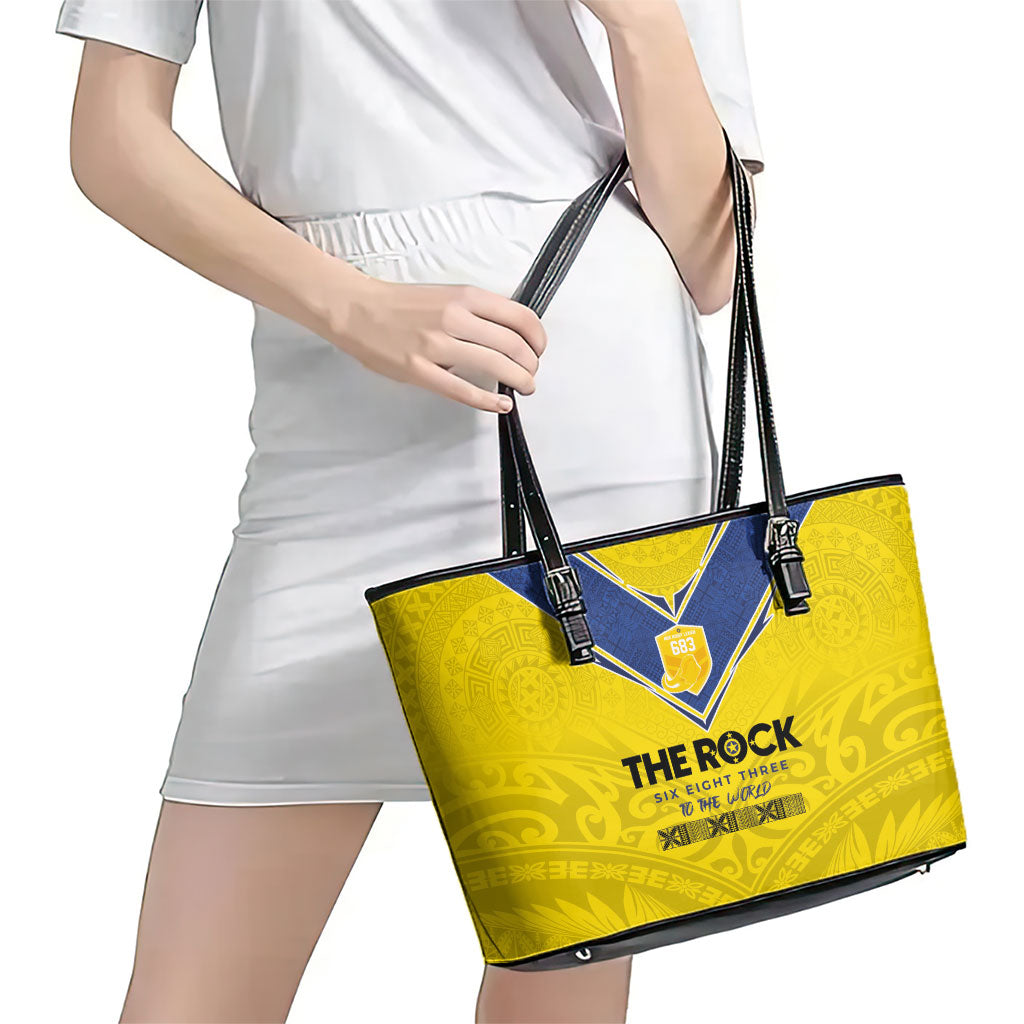 Niue Rugby Leather Tote Bag Six Eight Three to The World - Hiapo Tribal Motif