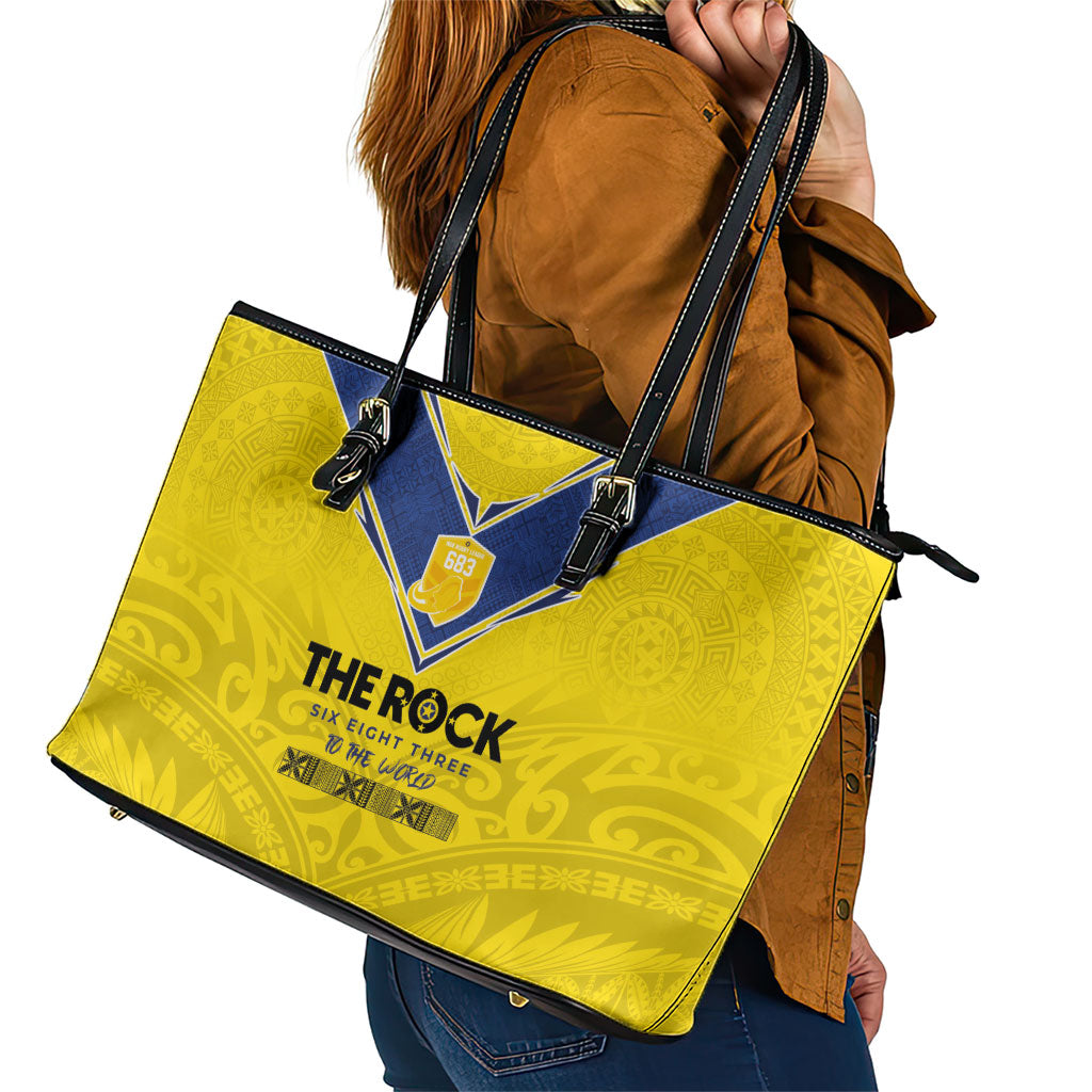 Niue Rugby Leather Tote Bag Six Eight Three to The World - Hiapo Tribal Motif