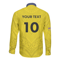 Niue Rugby Custom Long Sleeve Button Shirt Six Eight Three to The World - Hiapo Tribal Motif