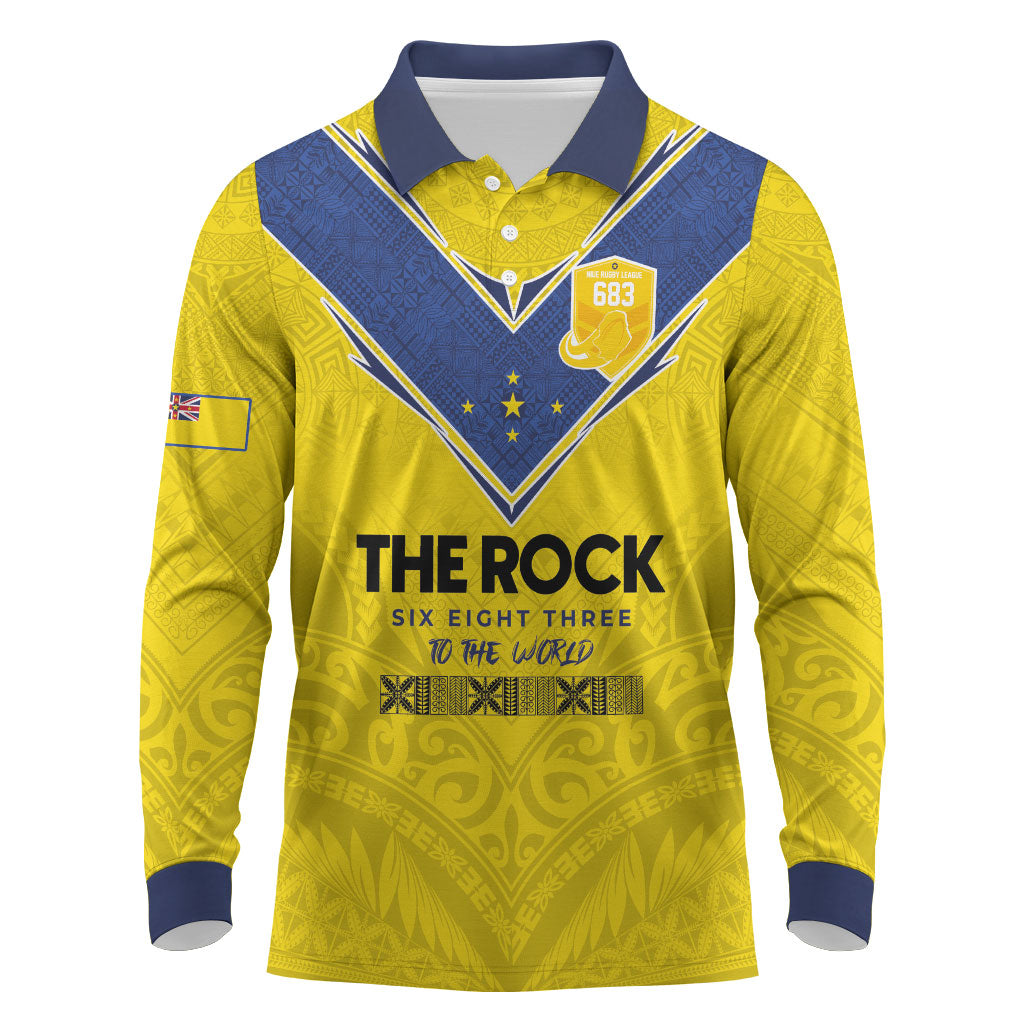 Niue Rugby Custom Long Sleeve Polo Shirt Six Eight Three to The World - Hiapo Tribal Motif LT03 Multicolor - Polynesian Pride