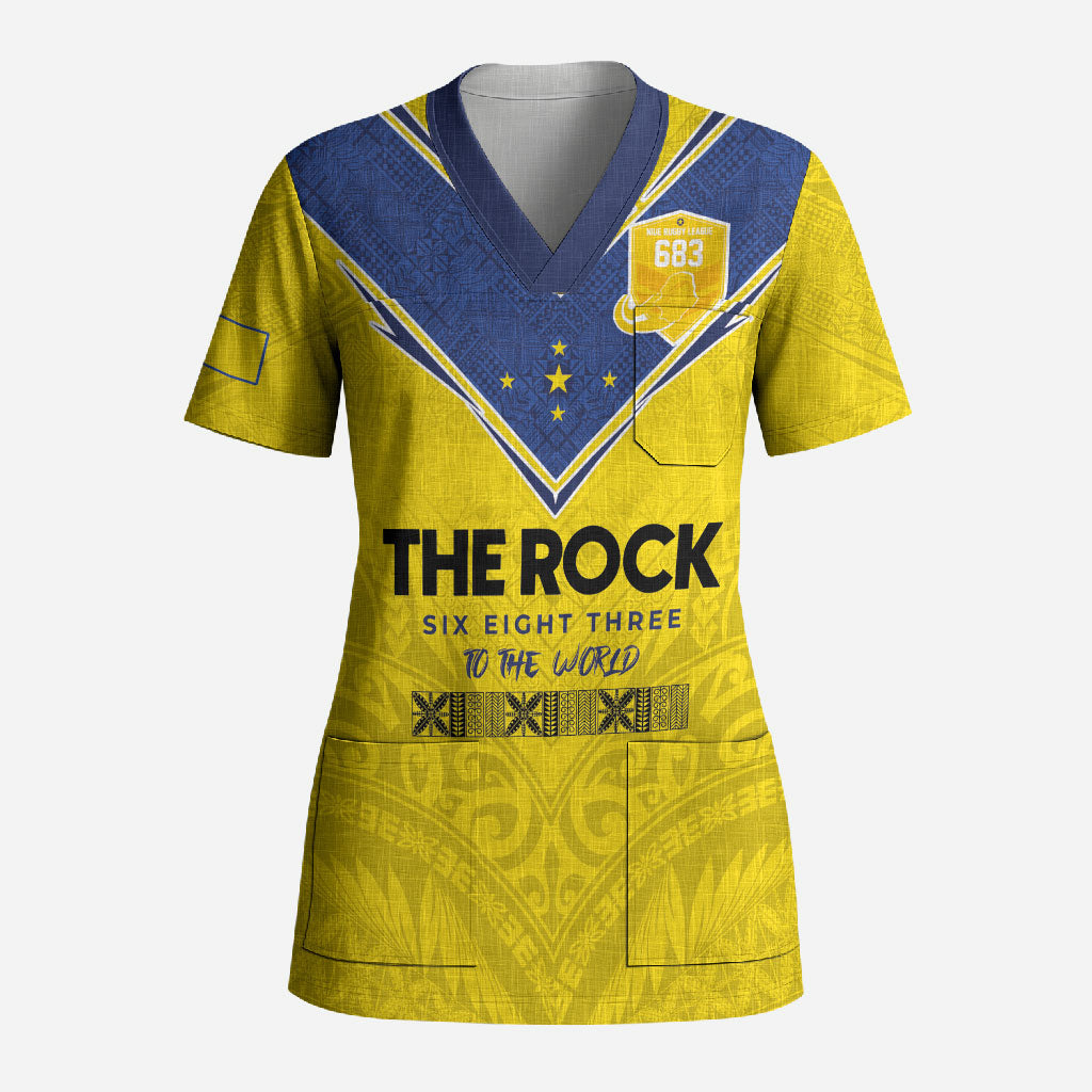 Niue Rugby Custom Scrub Top Six Eight Three to The World - Hiapo Tribal Motif LT03 Adult Multicolor - Polynesian Pride