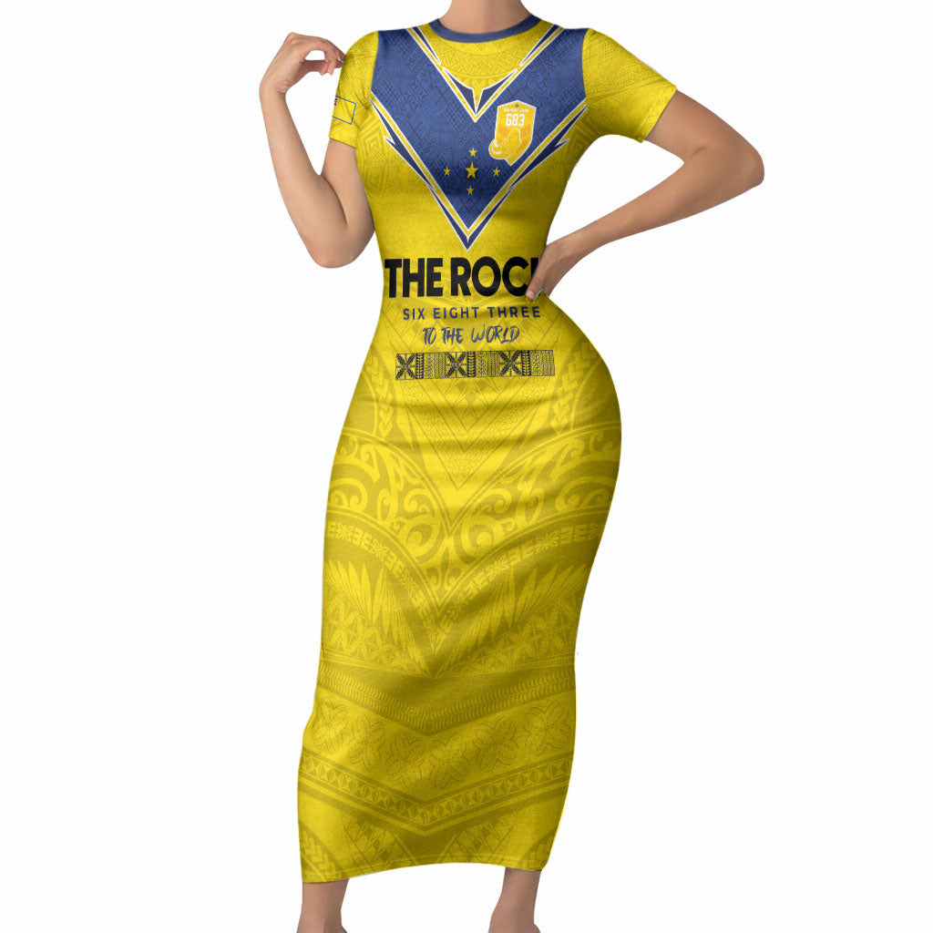 Niue Rugby Custom Short Sleeve Bodycon Dress Six Eight Three to The World - Hiapo Tribal Motif