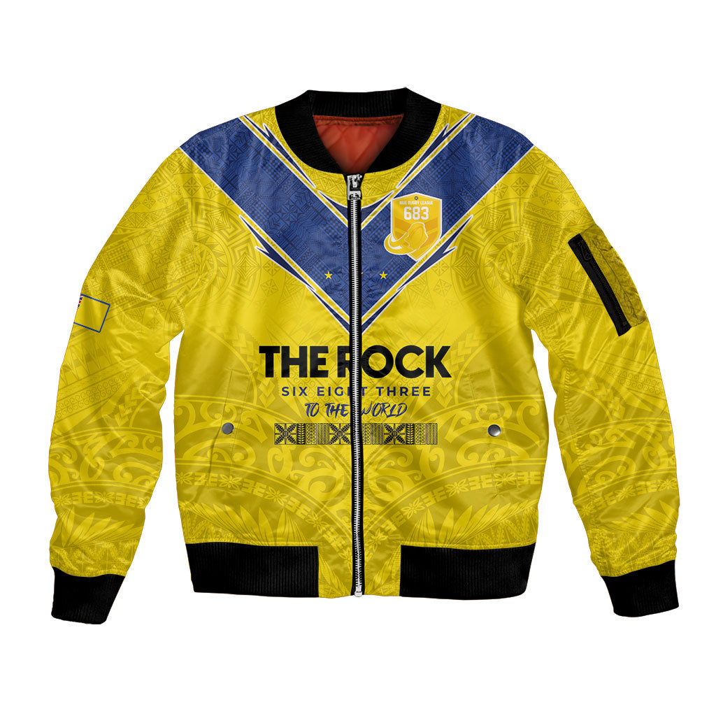 Niue Rugby Custom Sleeve Zip Bomber Jacket Six Eight Three to The World - Hiapo Tribal Motif LT03 Unisex Multicolor - Polynesian Pride