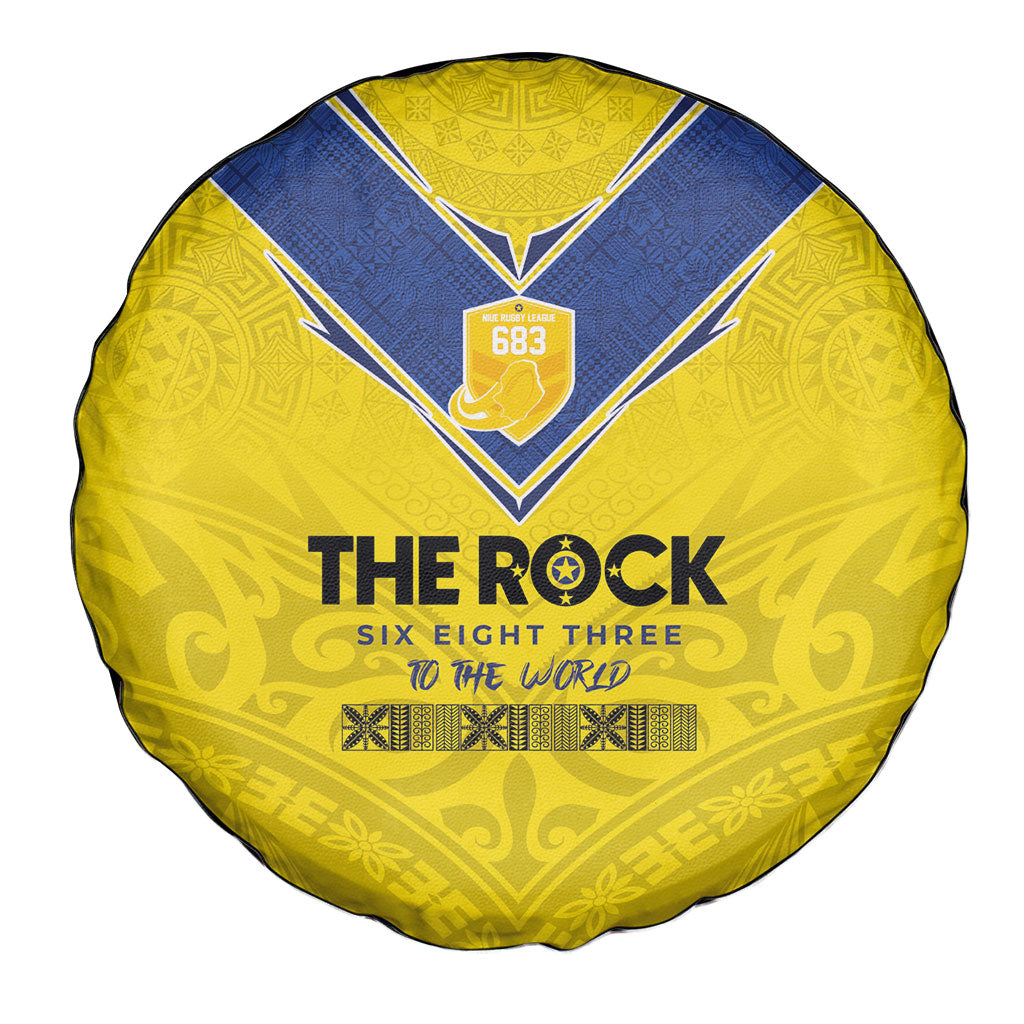 Niue Rugby Spare Tire Cover Six Eight Three to The World - Hiapo Tribal Motif