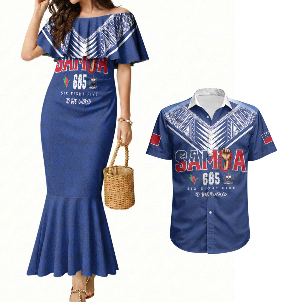 Samoa Rugby Custom Couples Matching Mermaid Dress and Hawaiian Shirt Six Eight Five to The World - Pacific Motif