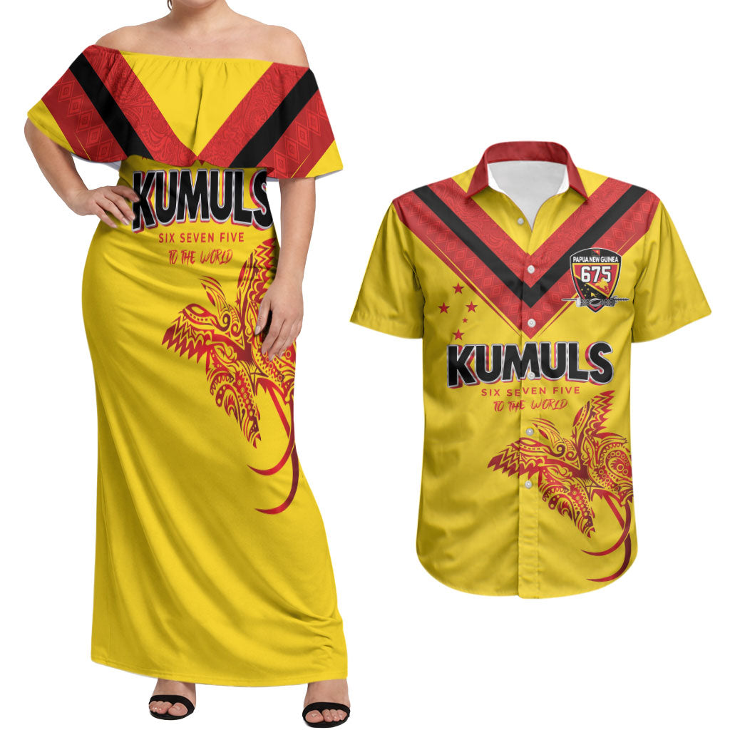 Papua New Guinea Rugby Custom Couples Matching Off Shoulder Maxi Dress and Hawaiian Shirt Six Seven Five to The World - Melanesian Pattern