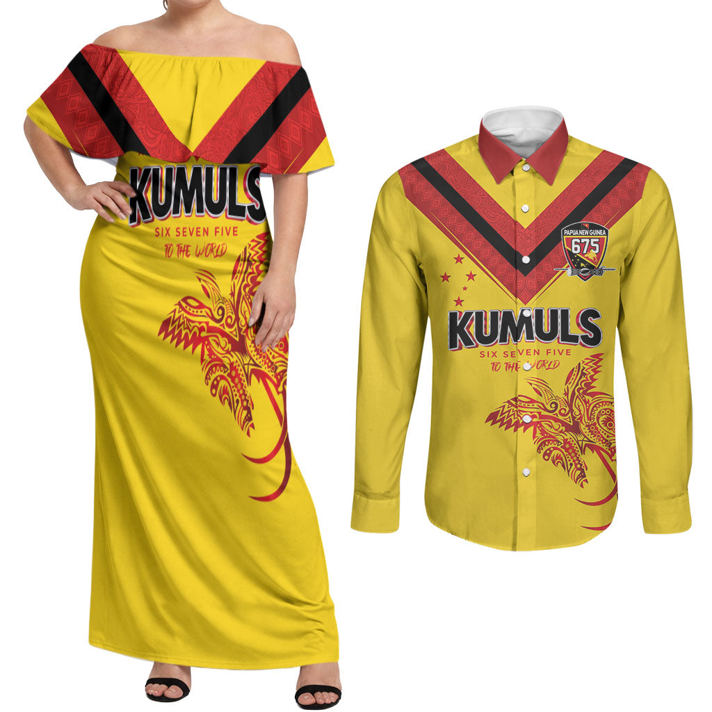 Papua New Guinea Rugby Custom Couples Matching Off Shoulder Maxi Dress and Long Sleeve Button Shirt Six Seven Five to The World - Melanesian Pattern