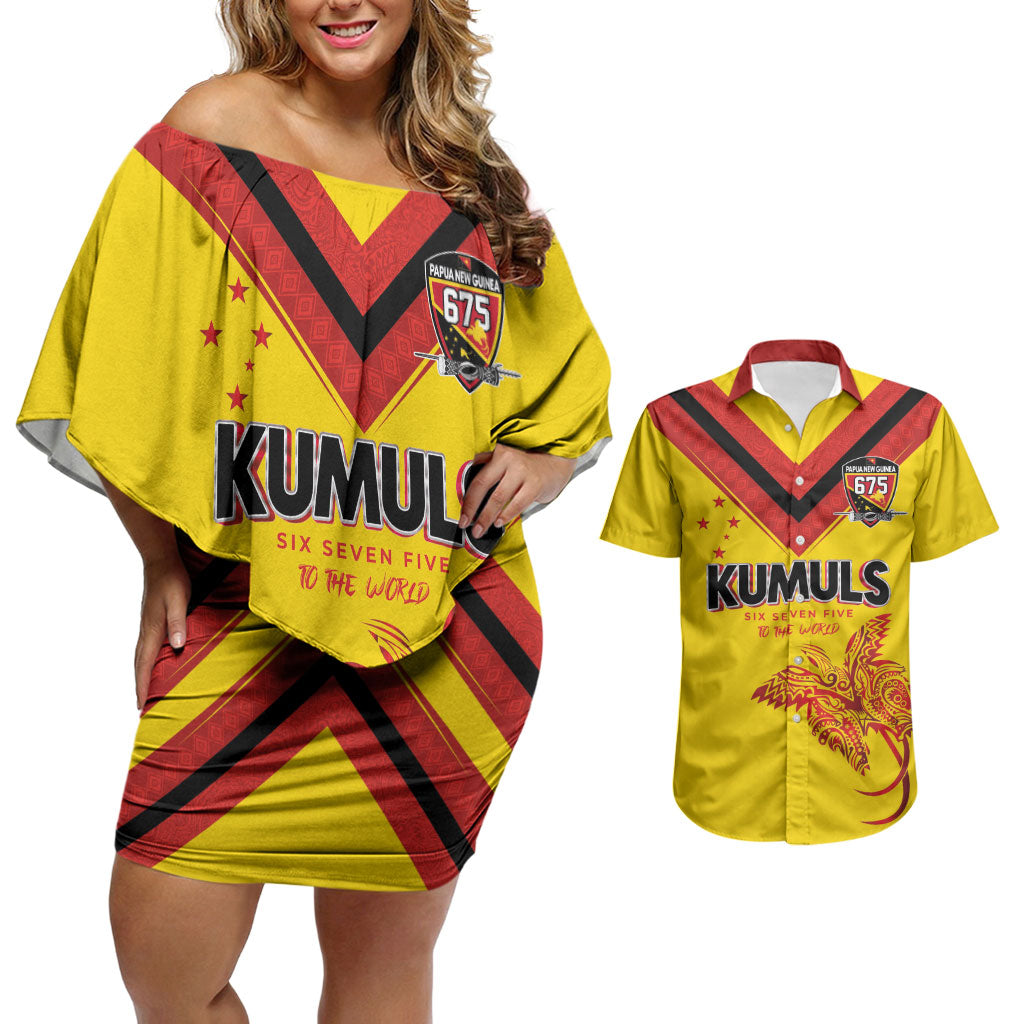 Papua New Guinea Rugby Custom Couples Matching Off Shoulder Short Dress and Hawaiian Shirt Six Seven Five to The World - Melanesian Pattern