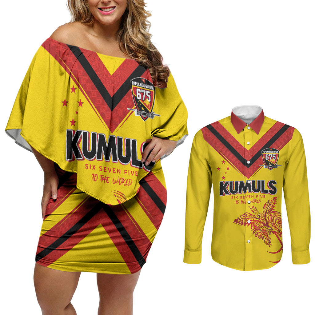 Papua New Guinea Rugby Custom Couples Matching Off Shoulder Short Dress and Long Sleeve Button Shirt Six Seven Five to The World - Melanesian Pattern