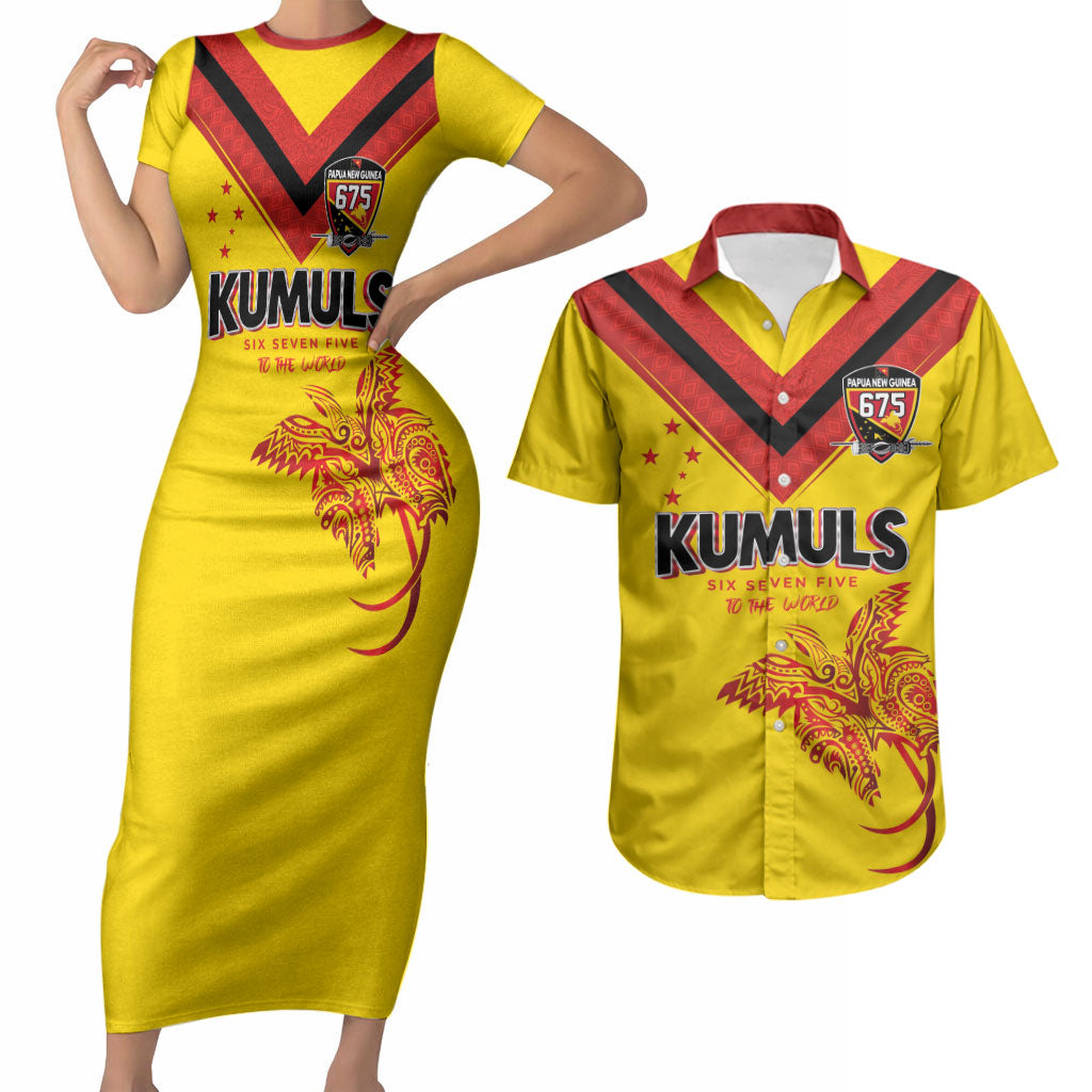 Papua New Guinea Rugby Custom Couples Matching Short Sleeve Bodycon Dress and Hawaiian Shirt Six Seven Five to The World - Melanesian Pattern