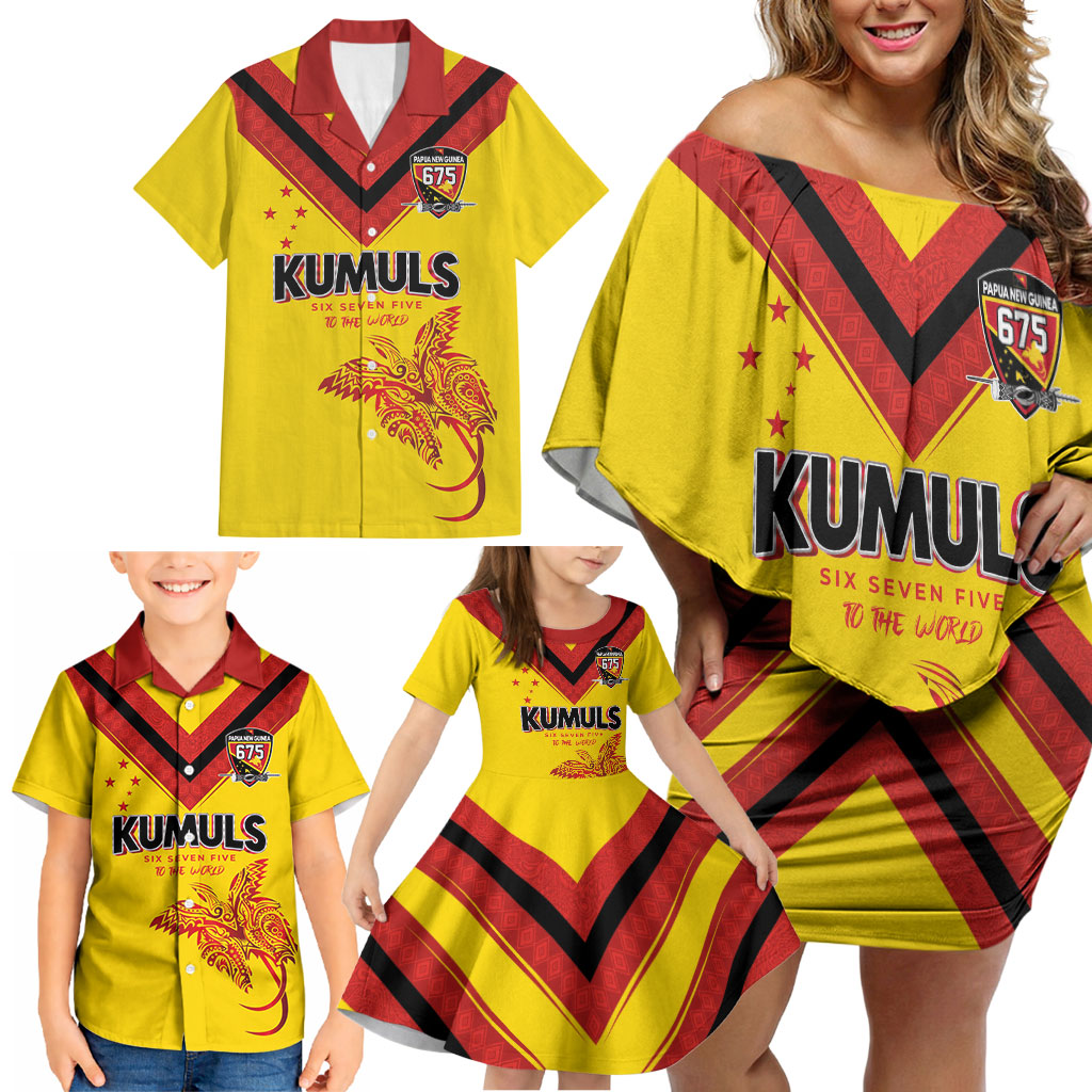 Papua New Guinea Rugby Custom Family Matching Off Shoulder Short Dress and Hawaiian Shirt Six Seven Five to The World - Melanesian Pattern
