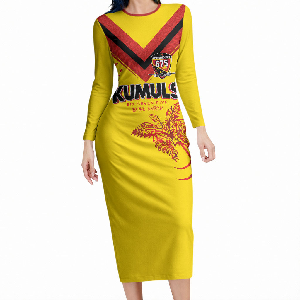 Papua New Guinea Rugby Custom Long Sleeve Bodycon Dress Six Seven Five to The World - Melanesian Pattern LT03 Long Dress Multicolor - Polynesian Pride
