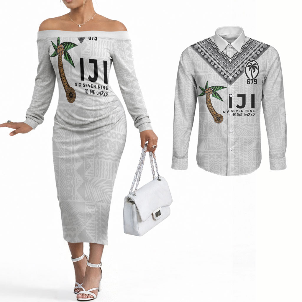 Fijian Rugby Couples Matching Off The Shoulder Long Sleeve Dress and Long Sleeve Button Shirt Six Seven Nine to The World - Tapa Pattern