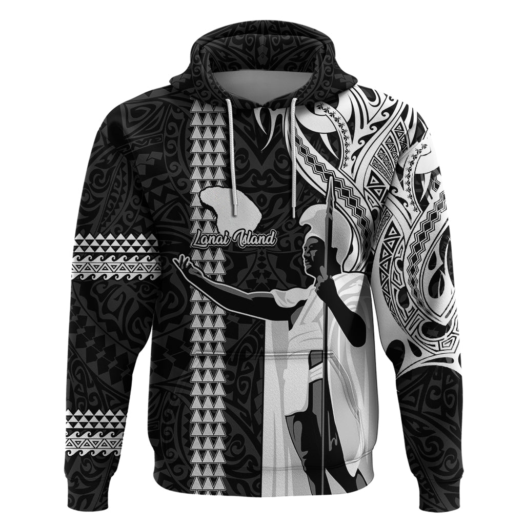 Hawaii Lanai Island Hoodie Hawaiian King and Kakau Symbols Abstract Shoulder Tattoo LT03 Pullover Hoodie Black - Polynesian Pride