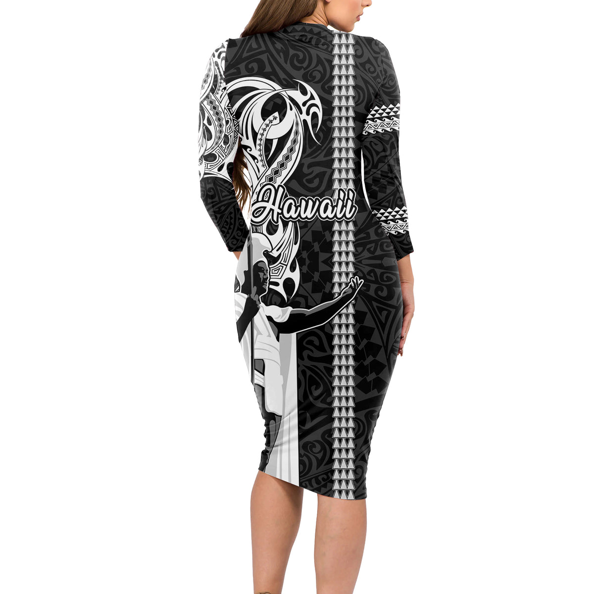 Hawaii Lanai Island Long Sleeve Bodycon Dress Hawaiian King and Kakau Symbols Abstract Shoulder Tattoo LT03 - Polynesian Pride