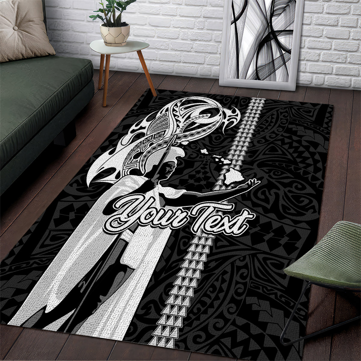 Custom Hawaii Lanai Island Area Rug Hawaiian King and Kakau Symbols Abstract Shoulder Tattoo LT03 Black - Polynesian Pride