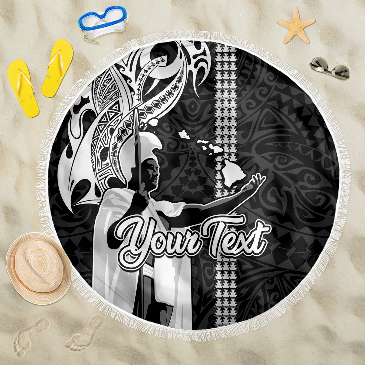 Custom Hawaii Lanai Island Beach Blanket Hawaiian King and Kakau Symbols Abstract Shoulder Tattoo LT03 One Size 150cm Black - Wonder Print Shop