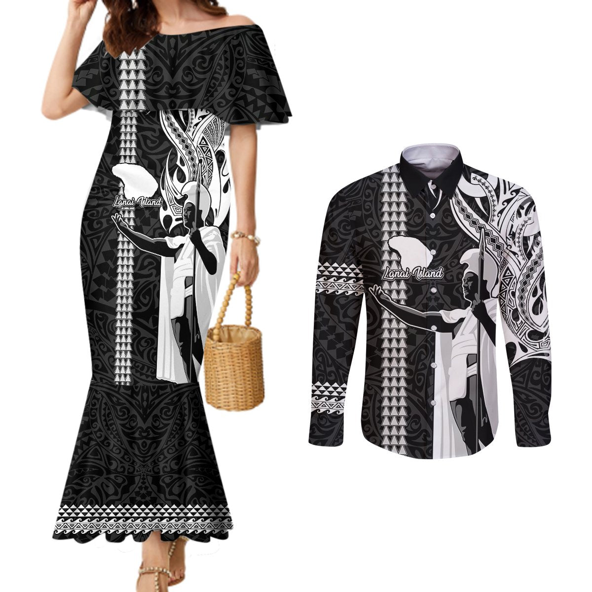 Custom Hawaii Lanai Island Couples Matching Mermaid Dress and Long Sleeve Button Shirts Hawaiian King and Kakau Symbols Abstract Shoulder Tattoo LT03 Black - Polynesian Pride
