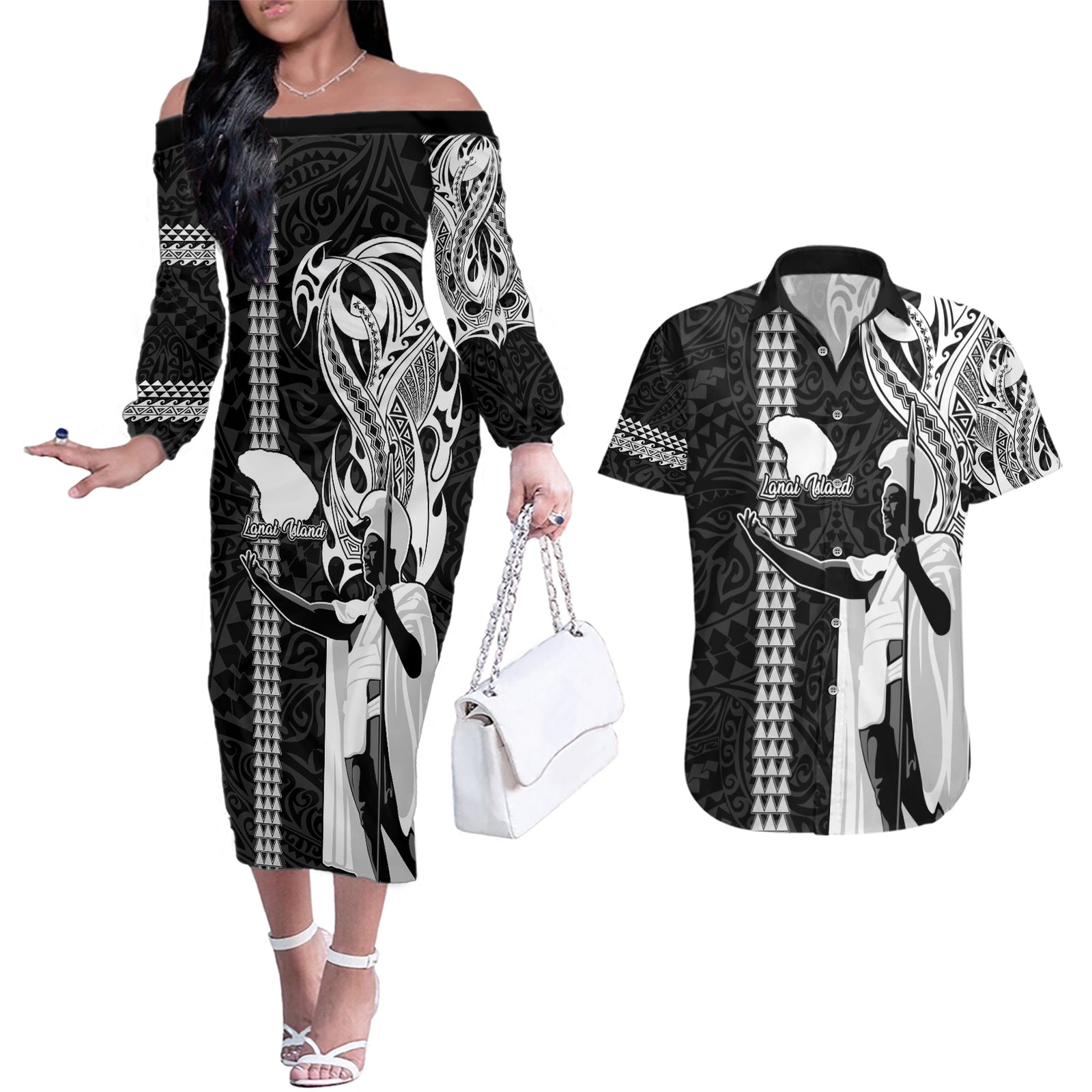 Custom Hawaii Lanai Island Couples Matching Off The Shoulder Long Sleeve Dress and Hawaiian Shirt Hawaiian King and Kakau Symbols Abstract Shoulder Tattoo LT03 Black - Polynesian Pride