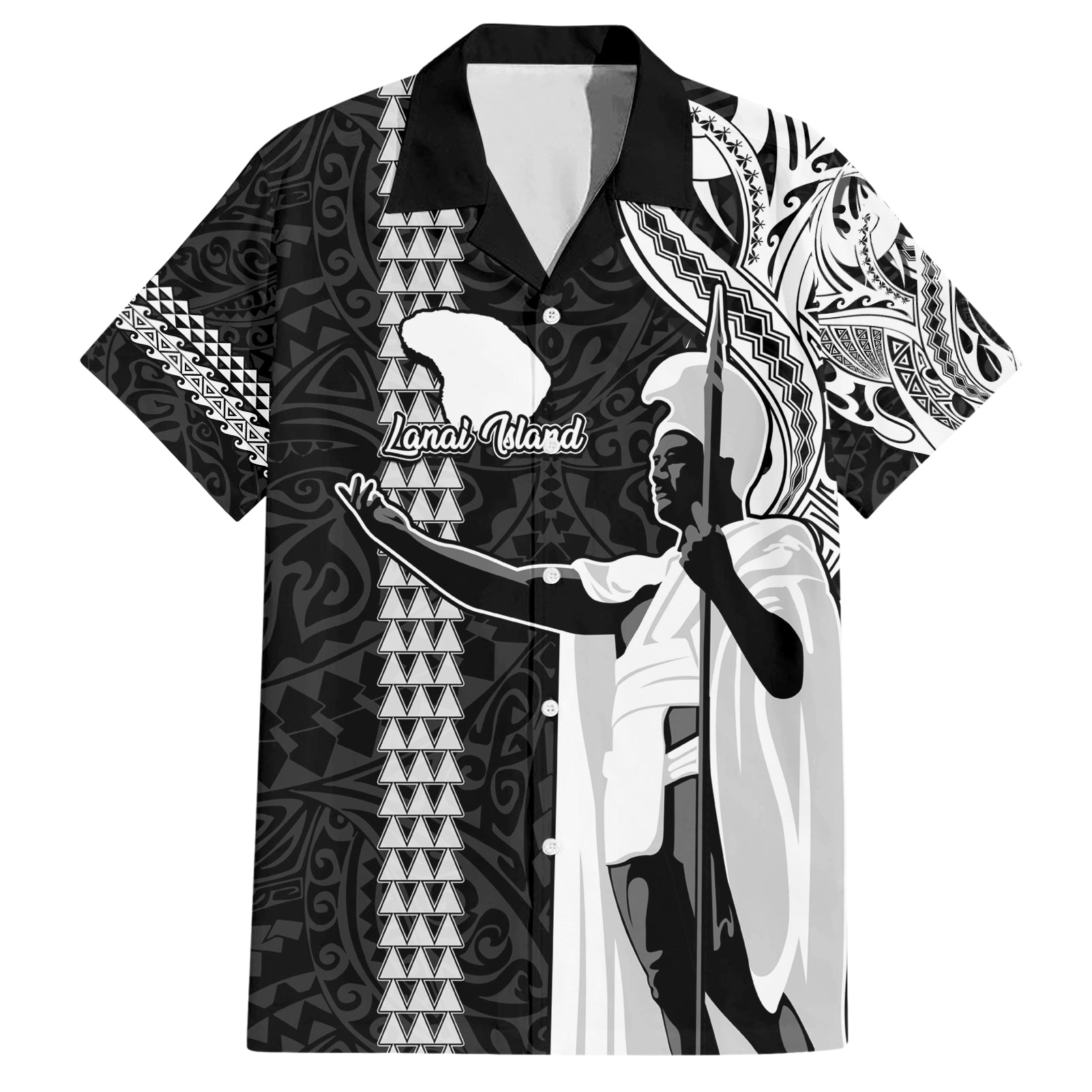 Custom Hawaii Lanai Island Hawaiian Shirt Hawaiian King and Kakau Symbols Abstract Shoulder Tattoo LT03 Black - Polynesian Pride