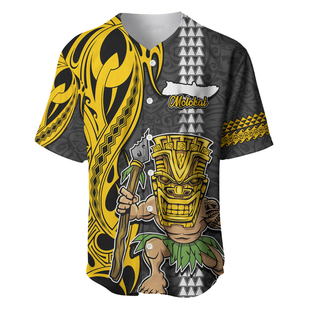 Hawaii Molokai Island Baseball Jersey Hawaiian Warrior and Kakau Symbols Abstract Tattoo LT03 Yellow - Polynesian Pride