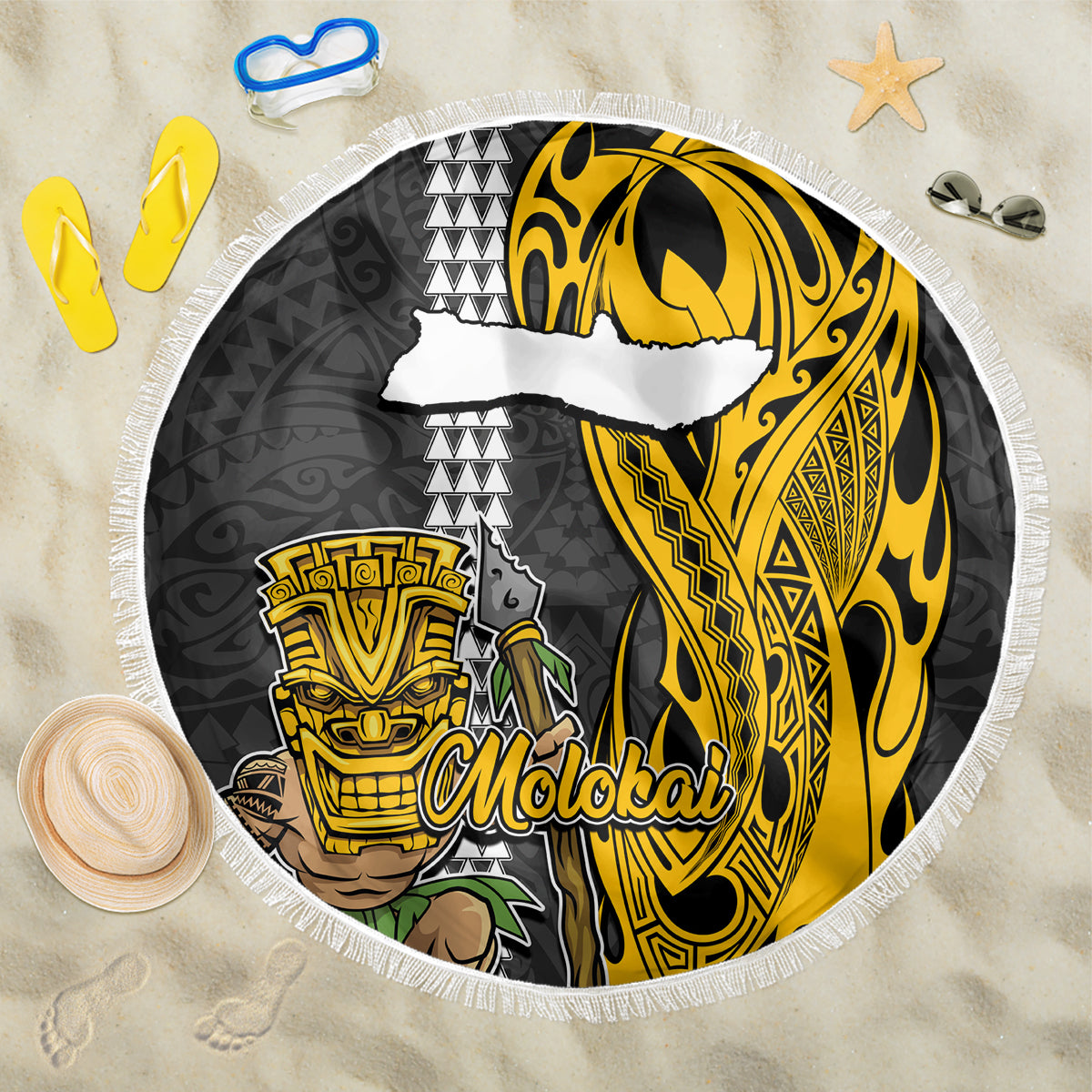 Hawaii Molokai Island Beach Blanket Hawaiian Warrior and Kakau Symbols Abstract Tattoo LT03 One Size 150cm Yellow - Wonder Print Shop