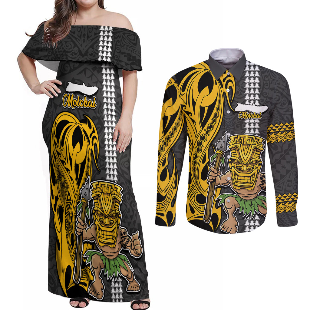 Hawaii Molokai Island Couples Matching Off Shoulder Maxi Dress and Long Sleeve Button Shirts Hawaiian Warrior and Kakau Symbols Abstract Tattoo LT03 Yellow - Polynesian Pride