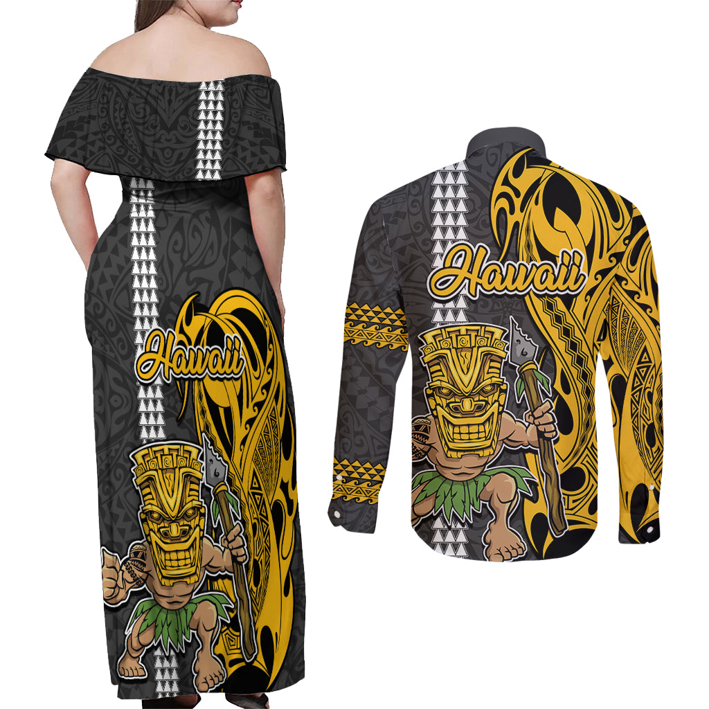 Hawaii Molokai Island Couples Matching Off Shoulder Maxi Dress and Long Sleeve Button Shirts Hawaiian Warrior and Kakau Symbols Abstract Tattoo LT03 - Polynesian Pride