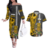 Hawaii Molokai Island Couples Matching Off The Shoulder Long Sleeve Dress and Hawaiian Shirt Hawaiian Warrior and Kakau Symbols Abstract Tattoo LT03 Yellow - Polynesian Pride