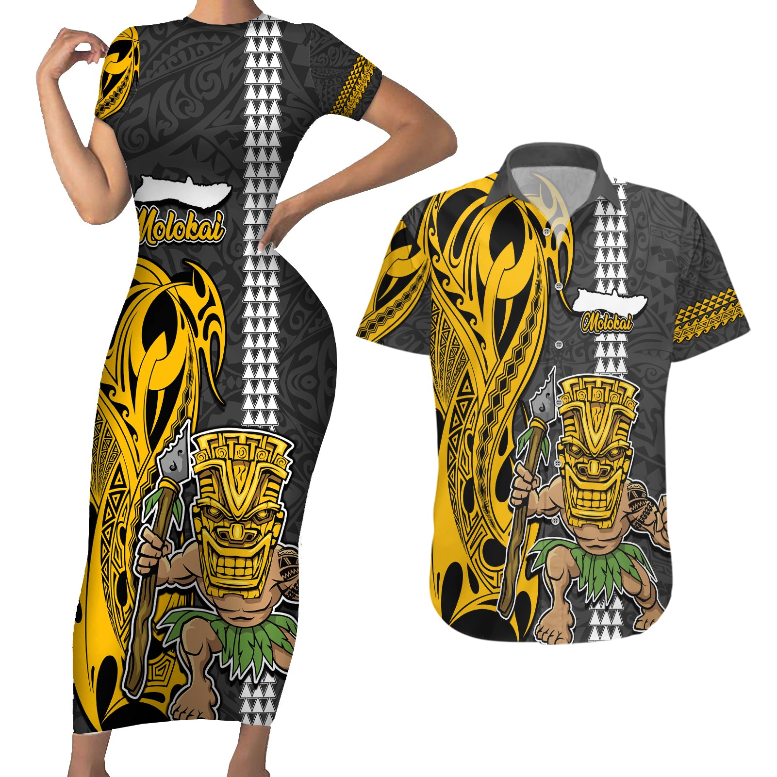 Hawaii Molokai Island Couples Matching Short Sleeve Bodycon Dress and Hawaiian Shirt Hawaiian Warrior and Kakau Symbols Abstract Tattoo LT03 Yellow - Polynesian Pride