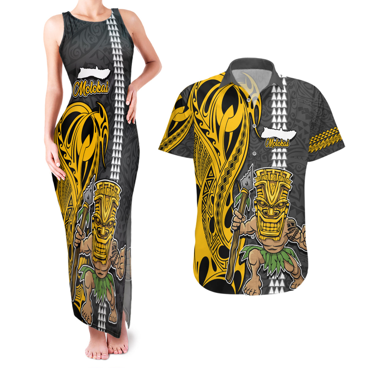 Hawaii Molokai Island Couples Matching Tank Maxi Dress and Hawaiian Shirt Hawaiian Warrior and Kakau Symbols Abstract Tattoo LT03 Yellow - Polynesian Pride