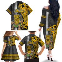 Hawaii Molokai Island Family Matching Off Shoulder Long Sleeve Dress and Hawaiian Shirt Hawaiian Warrior and Kakau Symbols Abstract Tattoo LT03 - Polynesian Pride