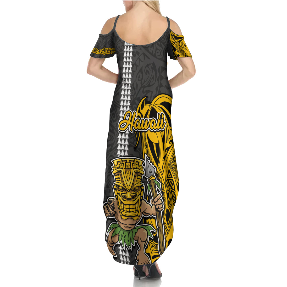 Hawaii Molokai Island Family Matching Summer Maxi Dress and Hawaiian Shirt Hawaiian Warrior and Kakau Symbols Abstract Tattoo LT03 - Polynesian Pride