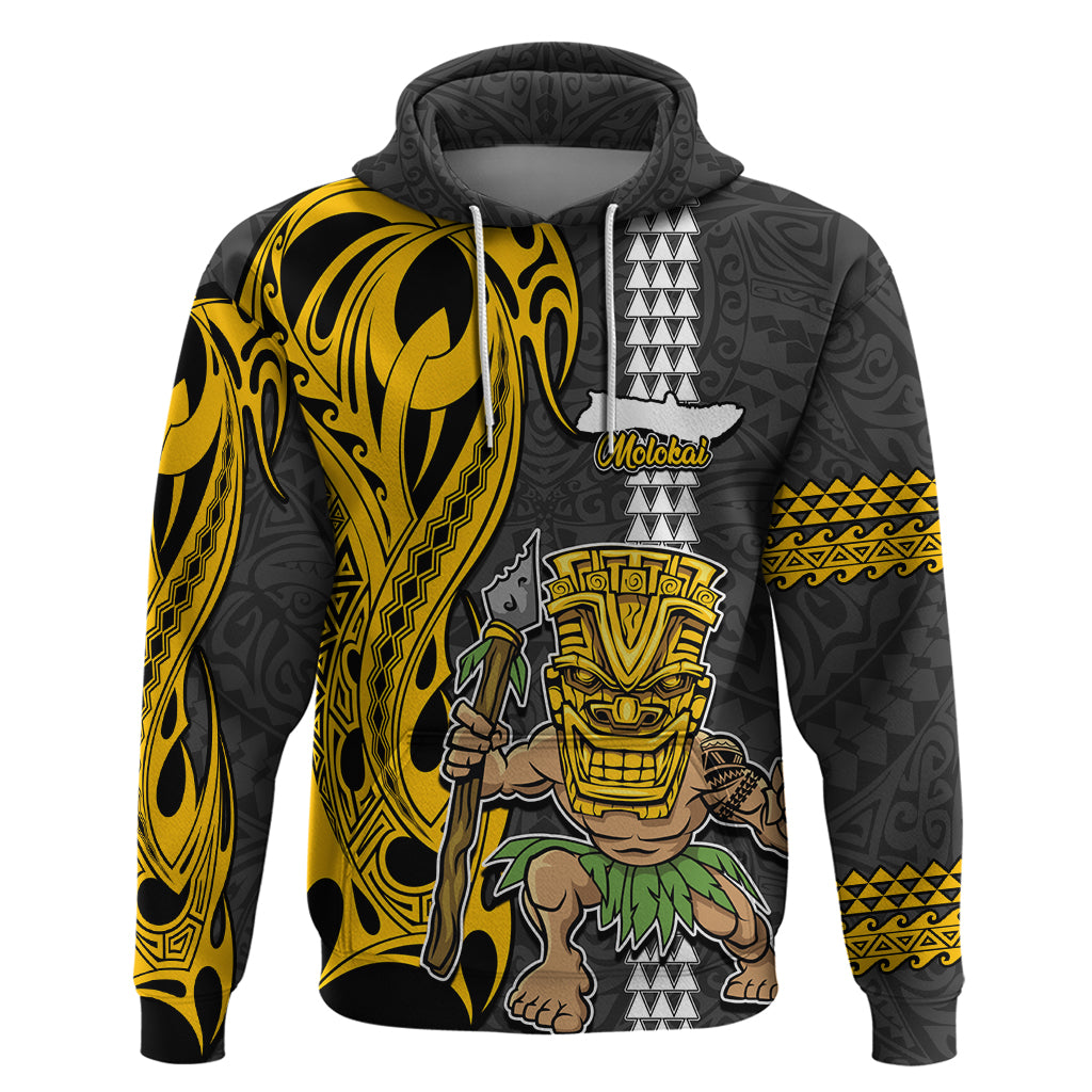 Hawaii Molokai Island Hoodie Hawaiian Warrior and Kakau Symbols Abstract Tattoo LT03 Pullover Hoodie Yellow - Polynesian Pride