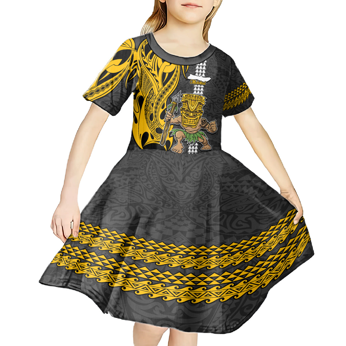 Hawaii Molokai Island Kid Short Sleeve Dress Hawaiian Warrior and Kakau Symbols Abstract Tattoo LT03 - Polynesian Pride