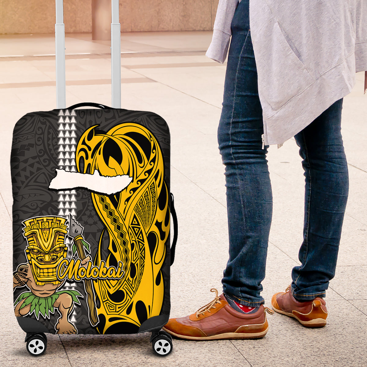 Hawaii Molokai Island Luggage Cover Hawaiian Warrior and Kakau Symbols Abstract Tattoo LT03 Yellow - Polynesian Pride