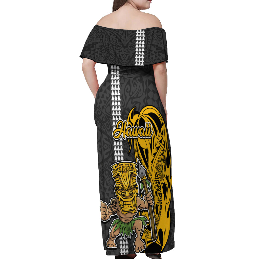 Hawaii Molokai Island Off Shoulder Maxi Dress Hawaiian Warrior and Kakau Symbols Abstract Tattoo LT03 - Polynesian Pride